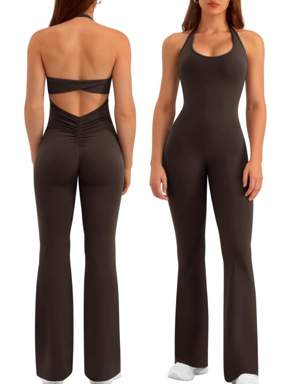 Womens Flare Jumpsuits One Piece Halter Butt Scrunch Workout Romper